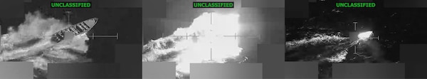 A black and white panel of three photos showing a small boat at sea before, during and after being blown up by fire from above.