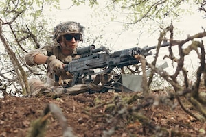 U.S. Soldiers from the 173rd Airborne Mobile Brigade Combat Team secure a key position during exercise Saber Junction 26 at the Joint Multinational Readiness Center’s (JMRC) Hohenfels Training Area, Germany, Aug. 28, 2026. JMRC's combat training center rotations drive unrivaled innovation and readiness in the U.S. Army Europe and Africa area of operations. (U.S. Army photo by Pfc. Aubrey Boyle)