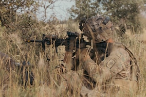 U.S. Soldiers from the 173rd Airborne Mobile Brigade Combat Team observe and secure positions during exercise Saber Junction 26 at the Joint Multinational Readiness Center’s (JMRC) Hohenfels Training Area, Germany, Aug. 28, 2026. JMRC's combat training center rotations drive unrivaled innovation and readiness in the U.S. Army Europe and Africa area of operations. (U.S. Army photo by Pfc. Aubrey Boyle)