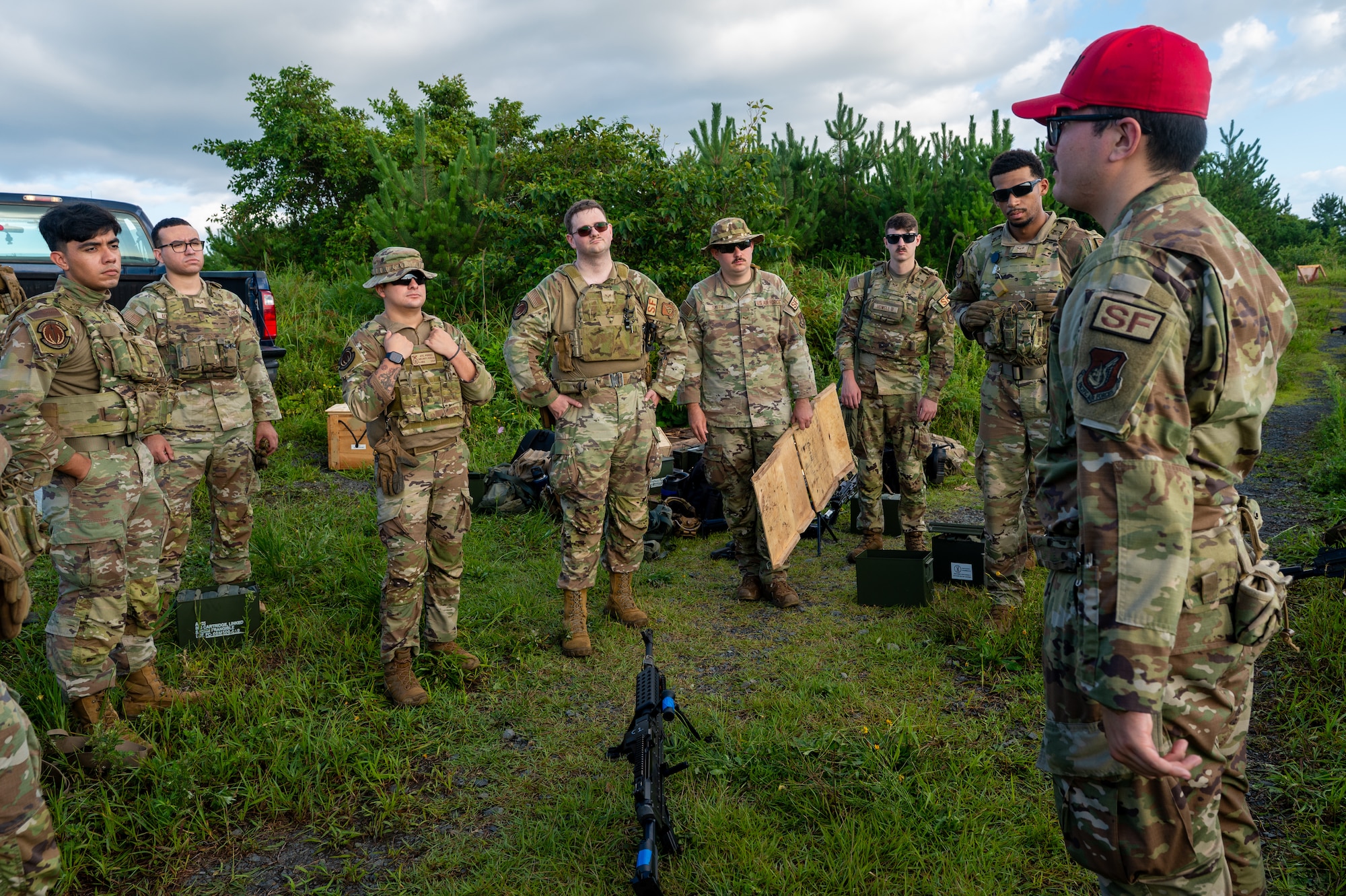 U.S. Air Force Senior Airman Joseph Harrald, 35th Security Forces Squadron (SFS) Combat Arms Training and Maintenance instructor, gives a safety briefing prior to heavy weapons training at Misawa Air Base, Japan, Aug. 28, 2026. Through recurring weapons training, 35th SFS Airmen maintain the proficiency required to defend the installation against ground threats and protect the personnel, aircraft and infrastructure critical to mission execution. A capable and ready security force helps preserve Misawa’s operational readiness, enabling the 35th Fighter Wing to generate combat power and support U.S. Forces Japan and U.S. Pacific Command operations. (U.S. Air Force photo by Airman 1st Class Angelica Winther)