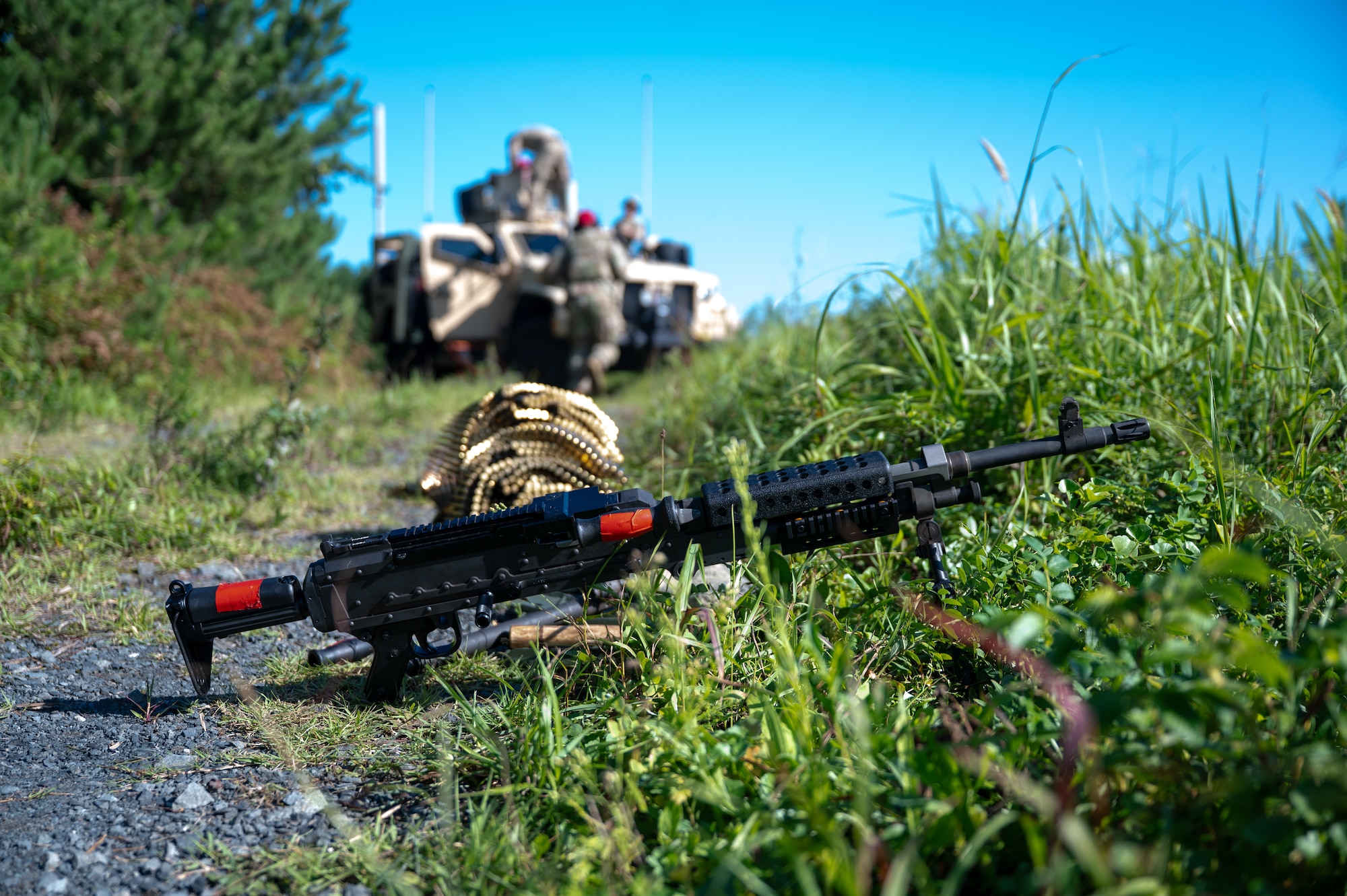 An FN M240B machine gun rests at a firing position during heavy weapons training at Misawa Air Base, Japan, Aug. 28, 2026. Training on multiple weapon systems enhances 35th Security Forces Squadron Airmen’s combat capabilities, preparing them to respond to a wide variety of threats and defend personnel and critical assets that enable 35th Fighter Wing operations in the Pacific. (U.S. Air Force photo by Airman 1st Class Angelica Winther)