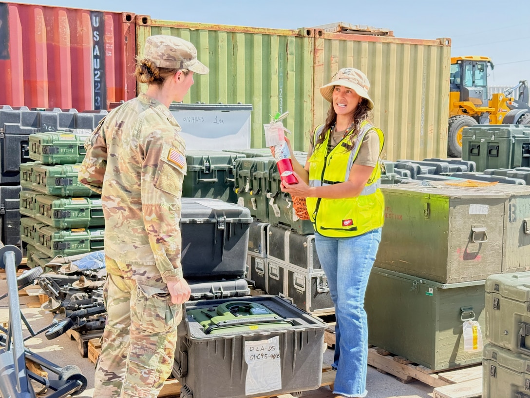 Michaela Armijo, a disposal service representative with DLA Disposition Services at Holloman Air Force Base, New Mexico, explains the turn-in process to Army 1st Lt. Paige Lennon, 2nd Battalion, 3rd Infantry Regiment, inspect property for turn-in at Fort Bliss, Texas, Aug. 4, 2026.
