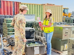 Michaela Armijo, a disposal service representative with DLA Disposition Services at Holloman Air Force Base, New Mexico, explains the turn-in process to Army 1st Lt. Paige Lennon, 2nd Battalion, 3rd Infantry Regiment, inspect property for turn-in at Fort Bliss, Texas, Aug. 4, 2026.