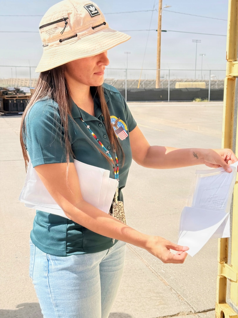 Michaela Armijo, a disposal service representative with DLA Disposition Services at Holloman Air Force Base, New Mexico, labels equipment received through the Equipment Redistribution and Divestiture Program under the Receipt-in-Place process at Fort Bliss, Texas, Aug. 5, 2026.
