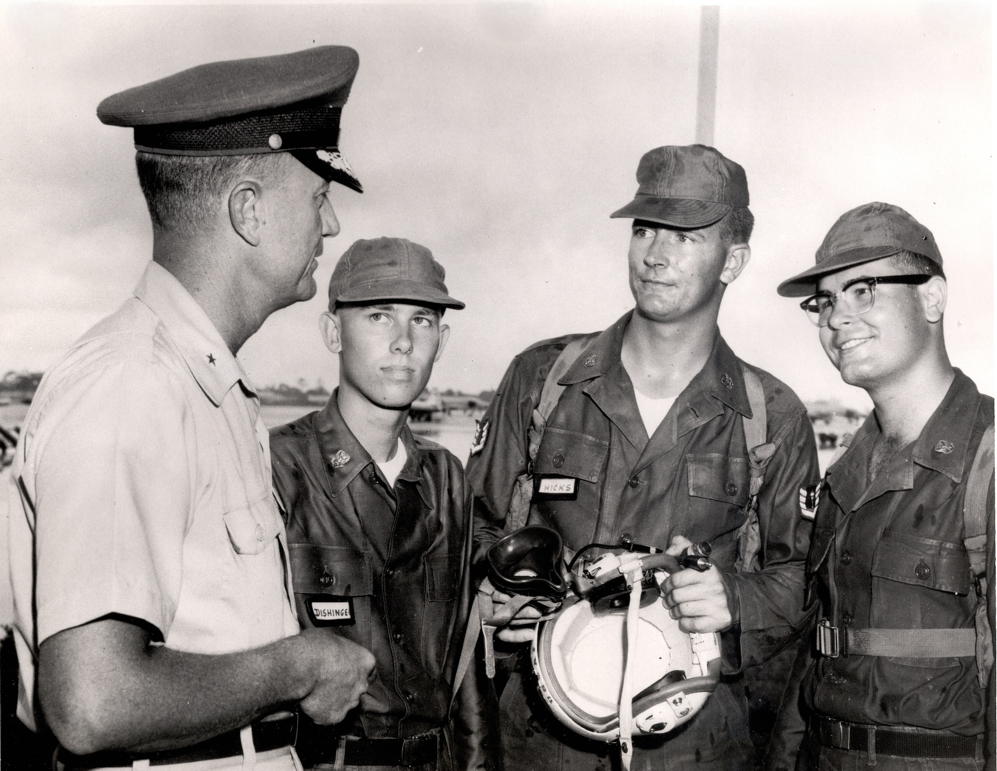 Brig. Gen. William C. Lindley, Commandant, talks jet flying to
 (1-r) Cadets Dishinger (Georgia Tech), Hicks (University of South Carolina) and Barnett (Louisiana State University A&M) at second period Summer Training Unit at MacDill AFB, Fla.  August 1963. (Courtesy Photo)