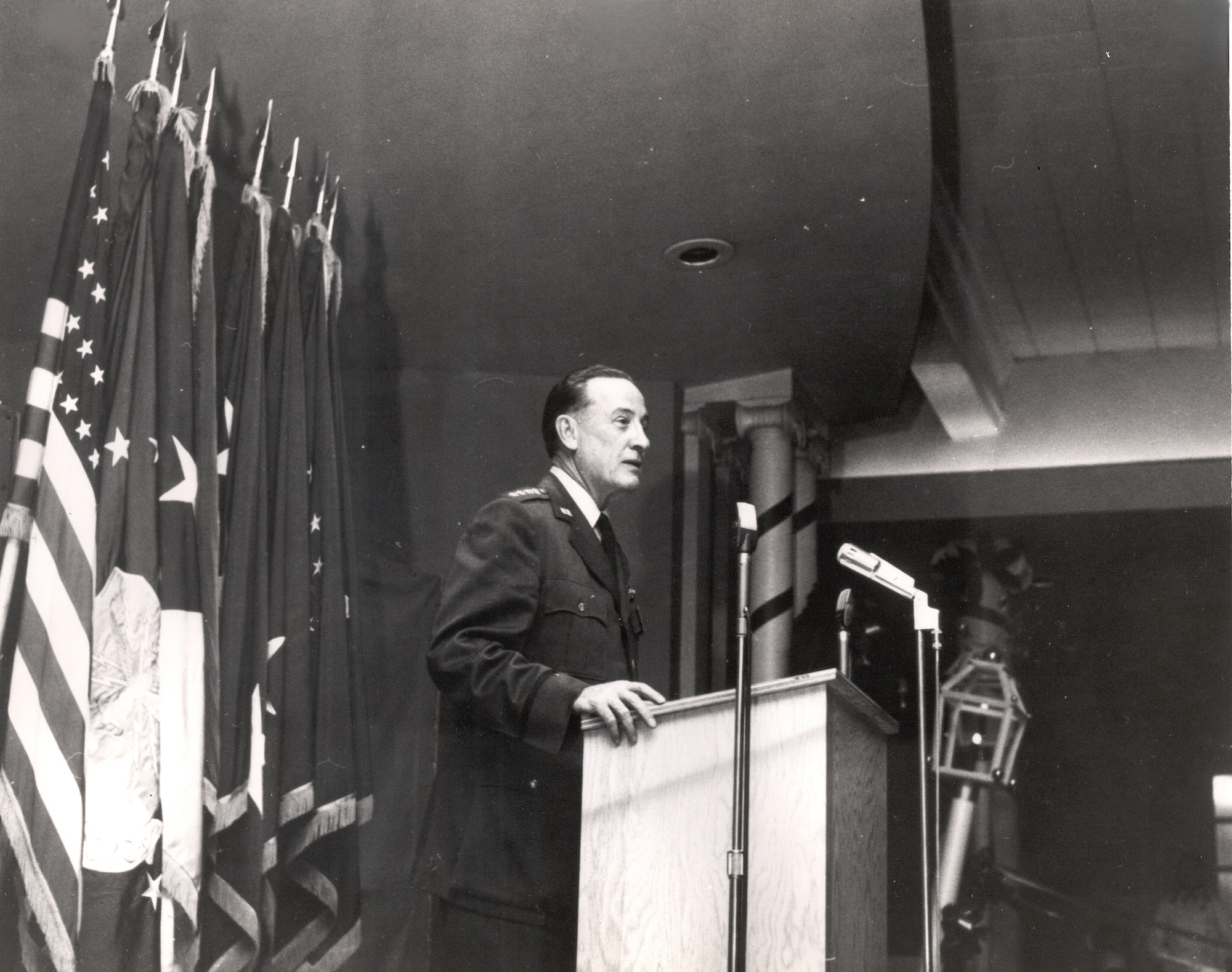 The late General Thomas D. White, Chief of Staff, USAF, addressing dinner guest of the Commander, Air University, Maxwell AFB Officers Club during the 1959 Institutional Presidents' Conference. (Courtesy Photo)