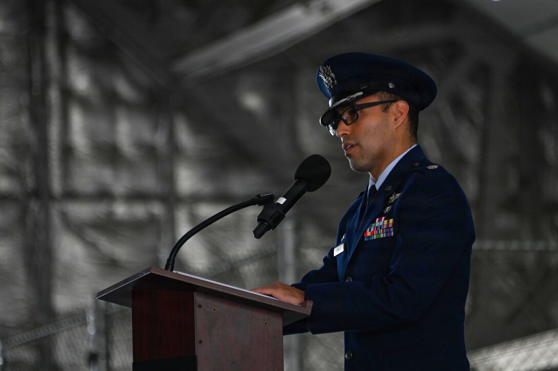 Lt. Col. Jonathan Bonilla gives remarks during the 5th HS activation ceremony.