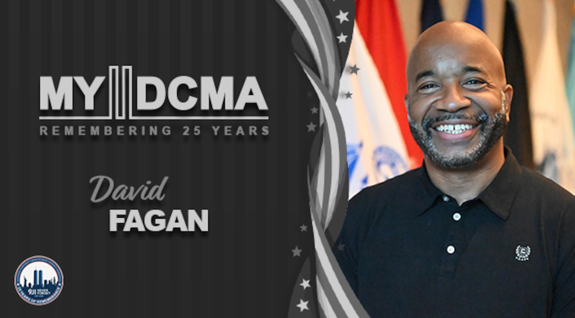Man smiling and a graphic around that says My DCMA Remembering 25 years.