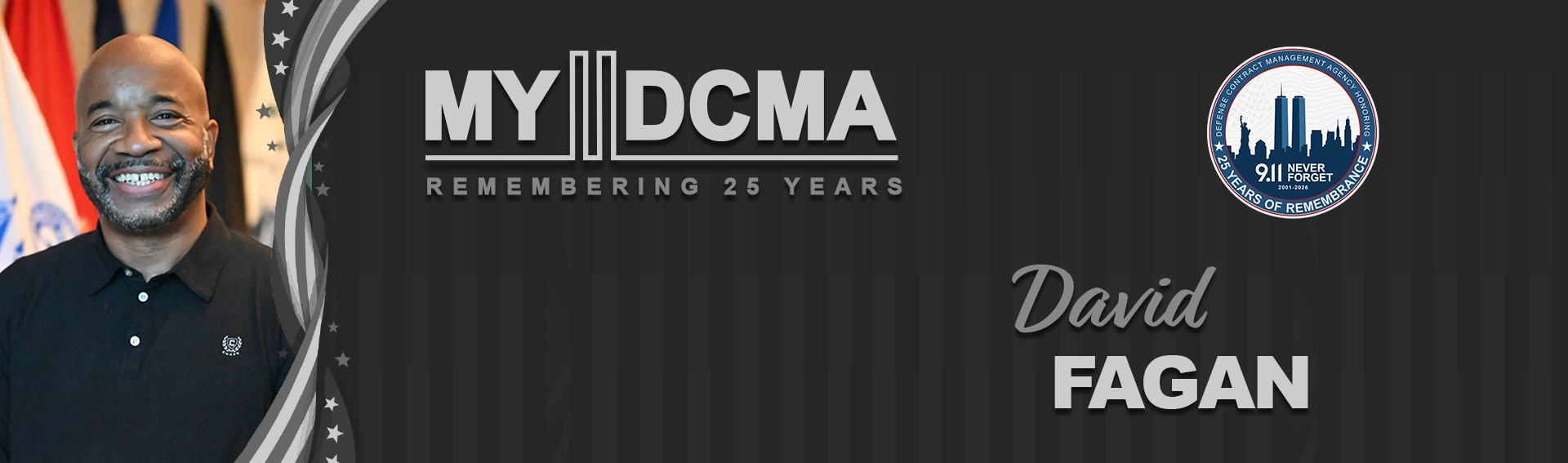 Man smiling and a graphic around that says My DCMA Remembering 25 years.