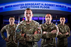 From left to right, Sgt. David Palmer, Spc. 4 William McLaughlin, Tech. Sgt. Caleb Lynch and Spc. 4 Jesse Coppedge pose for photos that are featured in a composite portrait