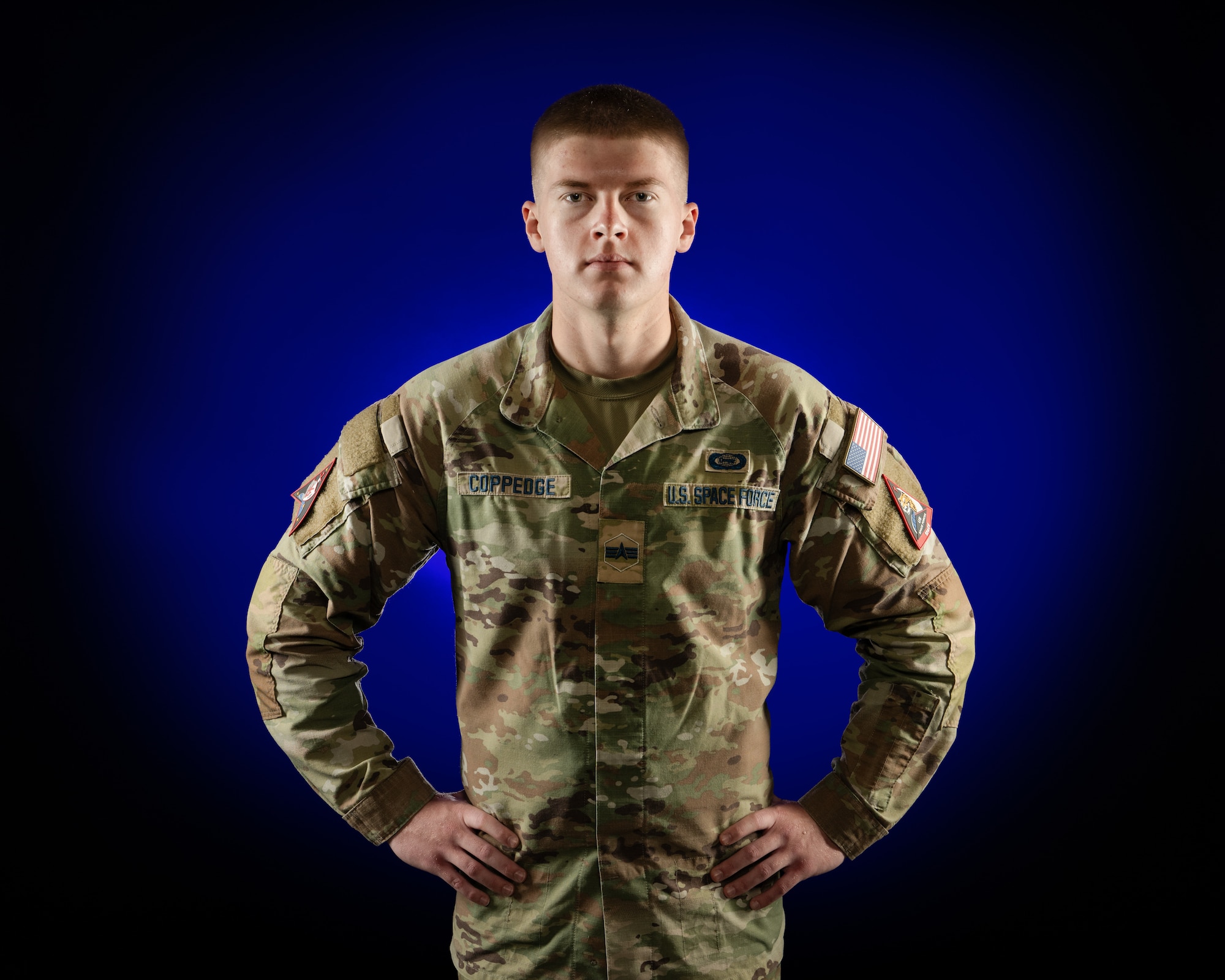 U.S. Space Force Spc. 4 Jesse Coppedge poses for a portrait.