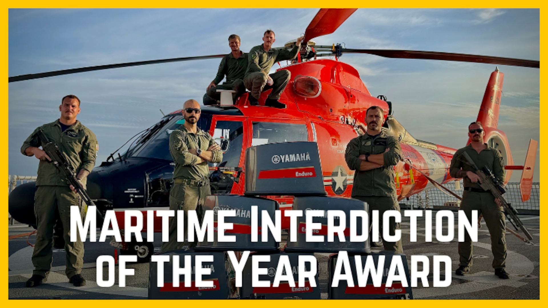 Coast Guard helicopter crew and cutter team receive White House Office of National Drug Control Policy’s Maritime Interdiction of the Year Award for stopping four go-fast vessels and eight smugglers carrying 4,936 kilograms of cocaine
