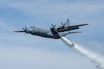 A C-130 (MAFFS 4) from California Air National Guard's 146th Airlift Wing performs a water drop April 24, 2025, during Modular Airborne Fire Fighting System, or MAFFS, Spring Training 2025, held at the Channel Islands Air National Guard Base in Port Hueneme, Calif. This part of the training was conducted in the Angeles National Forest near Green Valley, California, April 21-27, 2025. Training included classroom sessions, flying and ground operations for Air Force aircrews, civilian lead plane pilots and support personnel from the U.S. Department of Agriculture Forest Service, other federal agencies and CAL FIRE. First Air Force (Air Forces Northern), U.S. Northern Command's Air Component, is the Department of War's operational lead for the aerial military wildland fire fighting response. Photo by Senior Master Sgt. Paula Macomber.