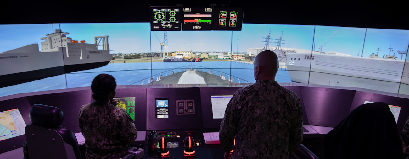 MAYPORT, Fla. (Nov. 9, 2021) Sailors assigned to a Freedom-variant littoral combat ship train in the LCS Training Facility during Surface Training Advanced Virtual Environment (STAVE) scenarios at Surface Combat Systems Training Command (SCSTC) Detachment Southeast, Nov. 9, 2021. All Sailors and officers assigned to an LCS train in watch stations using virtual reality technology, and are required to demonstrate proficiency in their respective watch stations before manning live, shipboard watches. (U.S. Navy photo by Chief Mass Communication Specialist David Holmes)