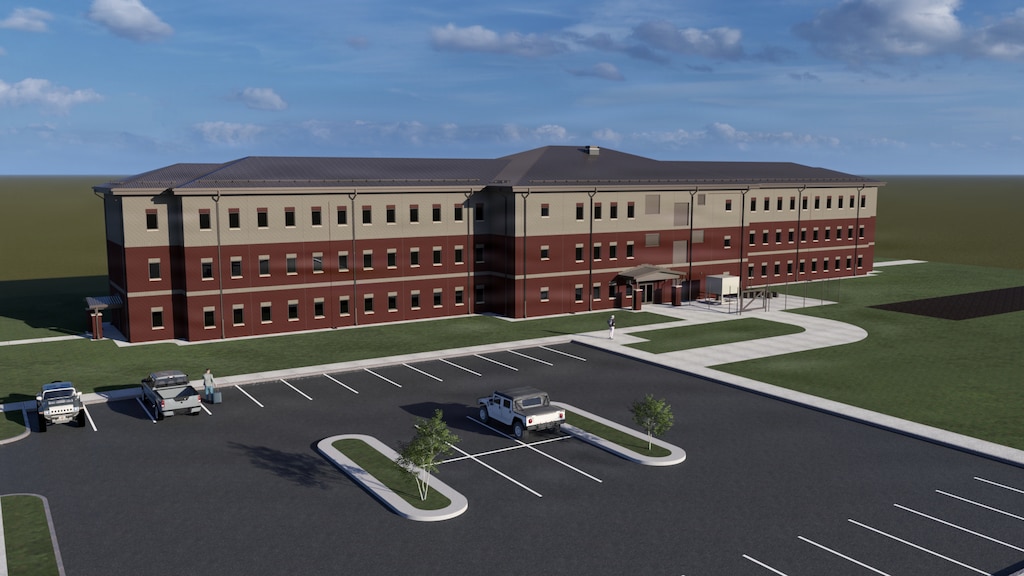 USACE rendering of a standard-design Collective Training Barracks, 2026.