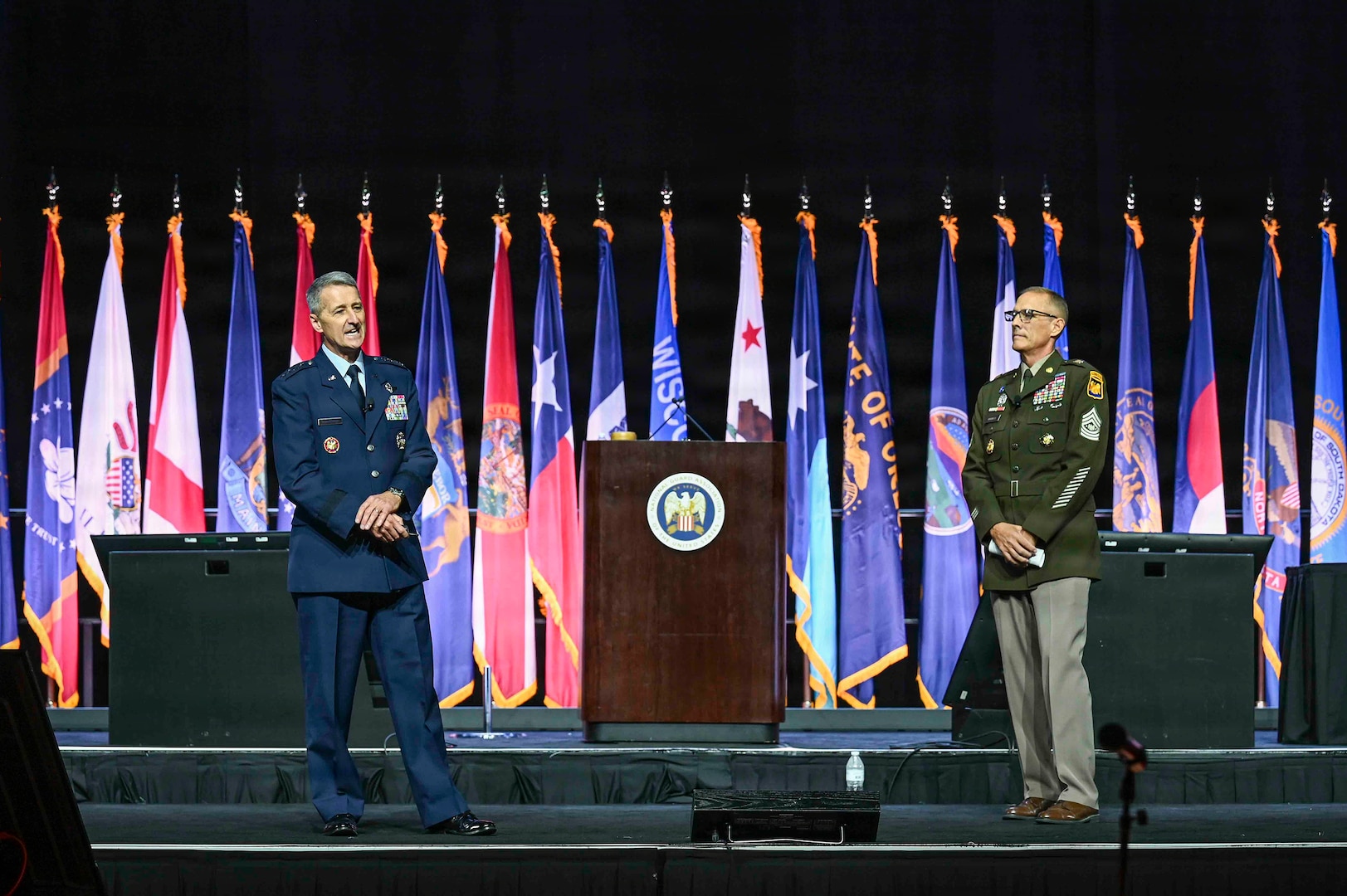 Air Force Gen. Steve Nordhaus, chief, National Guard Bureau, and Senior Enlisted Advisor John Raines, senior enlisted advisor to the CNGB, address the 148th annual conference of the National Guard Association of the United States, Indianapolis, Indiana, Aug. 29, 2026.