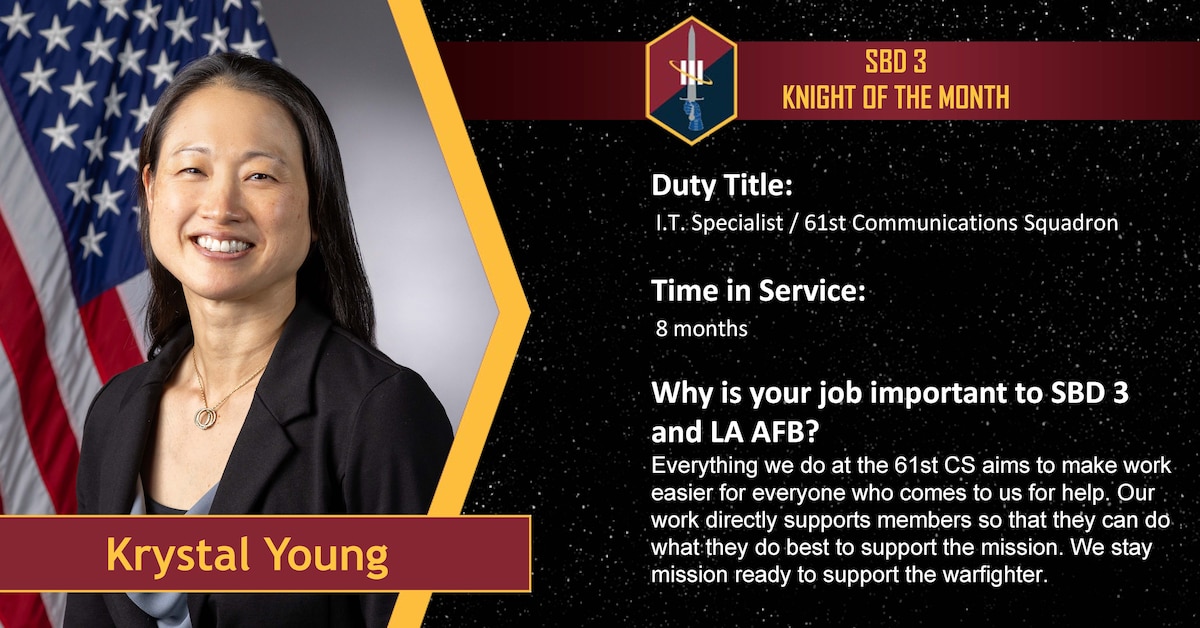 Krystal Young, an I.T. specialist with the 61st Communications Squadron, receives the September 2026 Knight of the Month award at Los Angeles Air Force Base, California, Sept. 2, 2026. Young’s work ensures members of LAAFB have the tech support they need to do what they do best to support the mission. (U.S. Air Force photo illustration by Capt. Michelle Chang)