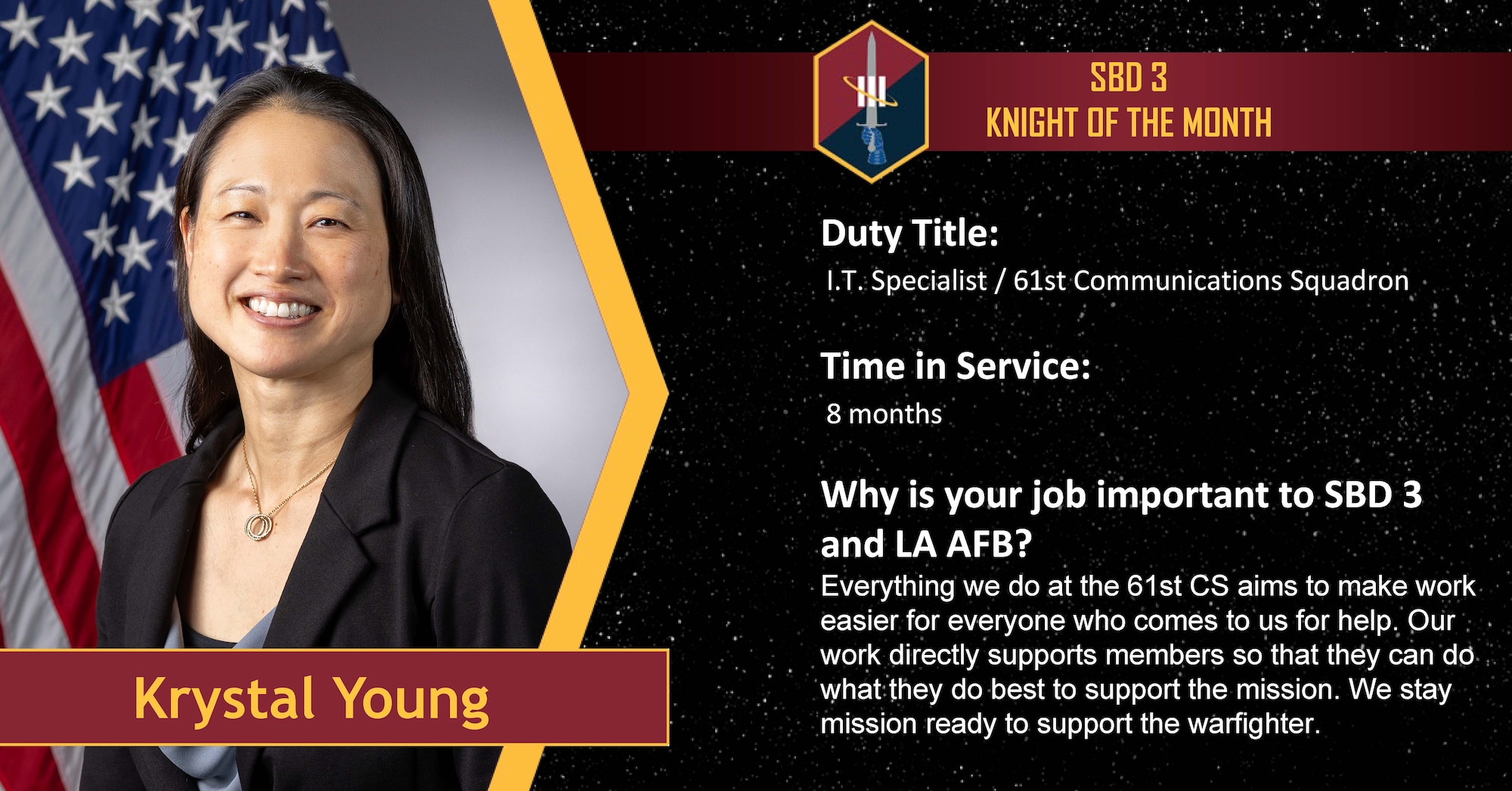 Krystal Young, an I.T. specialist with the 61st Communications Squadron, receives the September 2026 Knight of the Month award at Los Angeles Air Force Base, California, Sept. 2, 2026. Young’s work ensures members of LAAFB have the tech support they need to do what they do best to support the mission. (U.S. Air Force photo illustration by Capt. Michelle Chang)