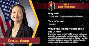 Krystal Young, an I.T. specialist with the 61st Communications Squadron, receives the September 2026 Knight of the Month award at Los Angeles Air Force Base, California, Sept. 2, 2026. Young’s work ensures members of LAAFB have the tech support they need to do what they do best to support the mission. (U.S. Air Force photo illustration by Capt. Michelle Chang)