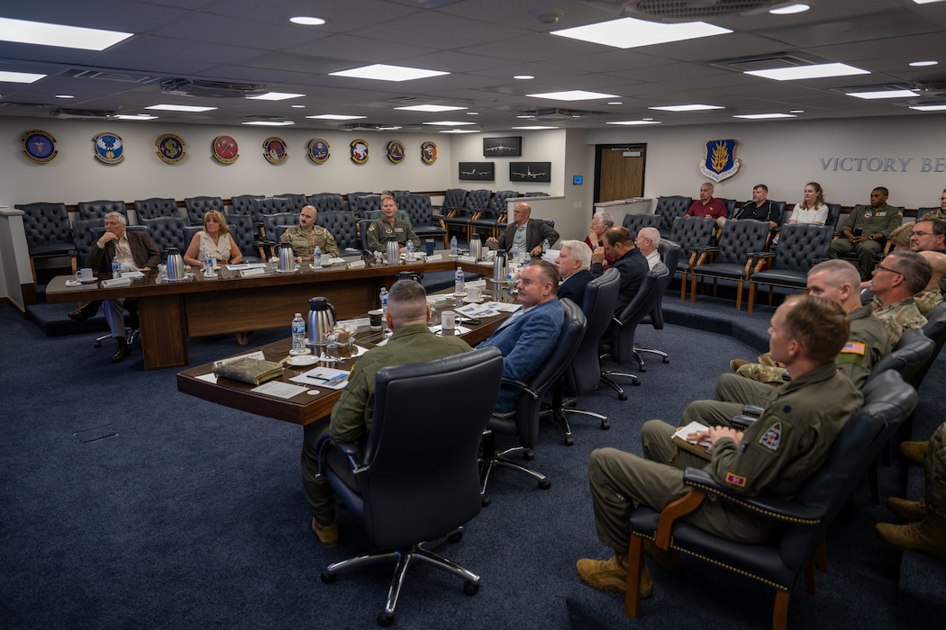 U.S. Air Force Col. Richard Kind, 97th Air Mobility Wing commander, and Chief Master Sgt. Jonny Adams, 97th AMW command chief, welcome retired Air Force leaders during the KC-135 Stratotanker 70th anniversary celebration at Altus Air Force Base, Oklahoma, Aug. 31, 2026. The event honored the aircraft’s legacy and the generations of Airmen who have supported the KC-135 mission. (U.S. Air Force photo by Airman 1st Class Nathan Langston)