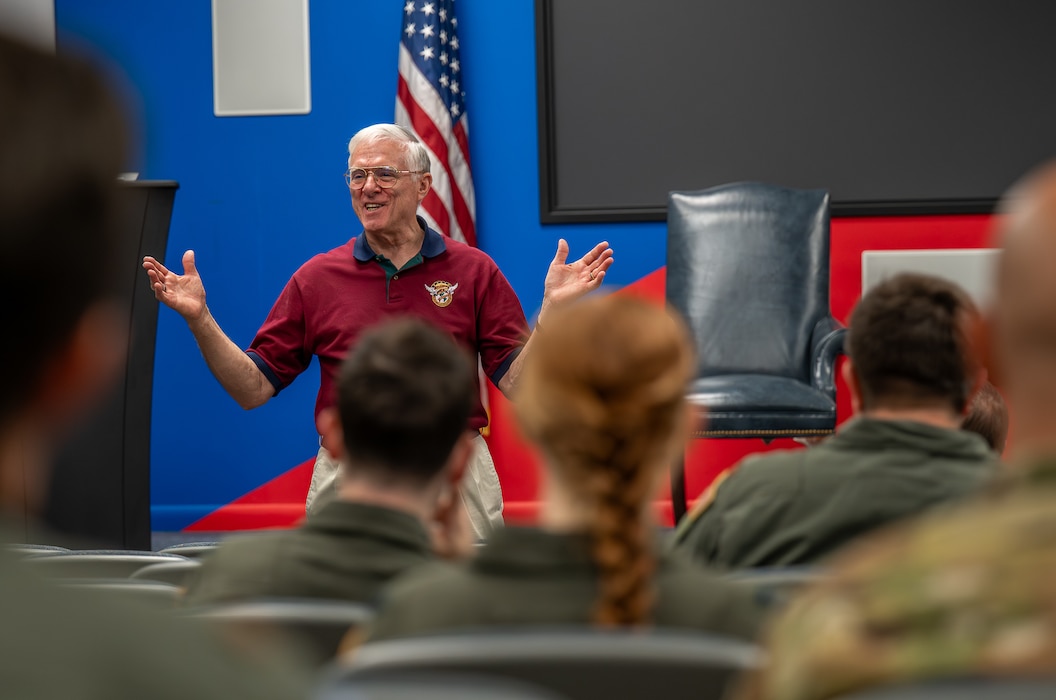 U.S. Air Force Lt. Gen. William Welser III, retired, speaks at a senior leader mentorship lunch at Altus Air Force Base, Oklahoma, Aug. 31, 2026. Airmen assigned to Altus AFB had the opportunity to listen to Welser discuss his experience in the Air Force, how to build a leader and the importance of taking care of one’s subordinates. (U.S. Air Force photo by Airman 1st Class Emma Wright)