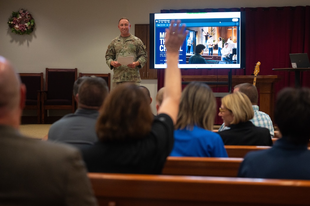U.S. Air Force Maj. Larry Spencer, 17th Training Wing chaplain, teaches honorary commanders about the supporting roles involved with religious services during a Wing Staff Agencies immersion at Goodfellow Air Force Base, Texas, Aug. 28, 2026. The 17th TRW Chapel fortifies the spiritual and mental well-being of personnel and their families, so the wing can continue to provide the Department of War with capable military firefighters and intelligence professionals. (U.S. Air Force photo by Senior Airman Brian Lummus)