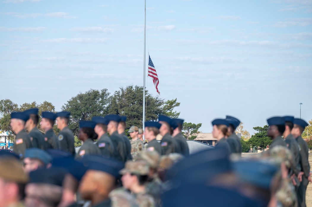 Airmen stand in formation during the Boom Operator Memorial Ceremony at Altus Air Force Base, Oklahoma, Sept. 1, 2026. The boom operator memorial coincided with the 70th anniversary of the KC-135 Stratotanker aircraft. (U.S. Air Force photo by Senior Airman Kari Degraffenreed)