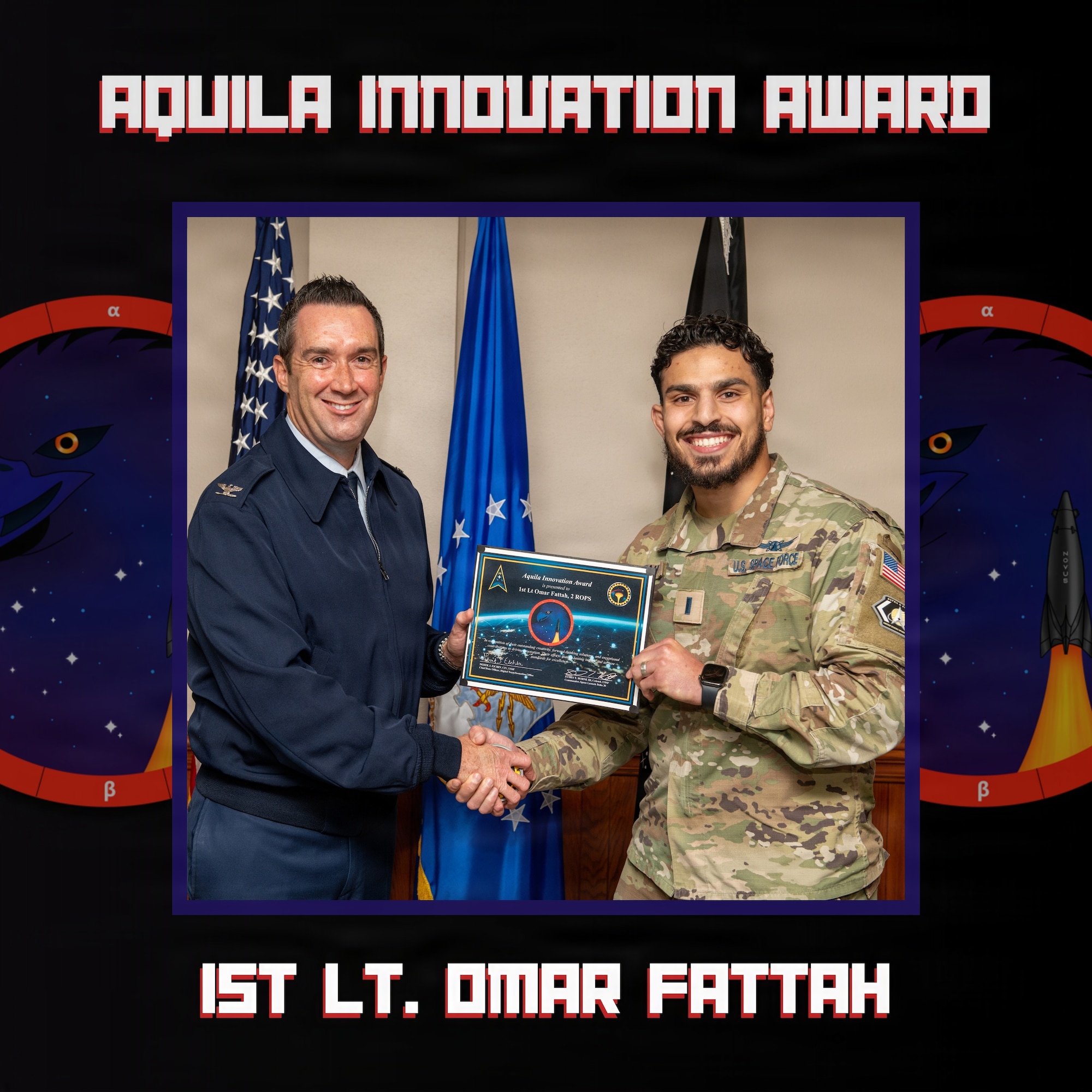 Two people stand near each other and hold an award