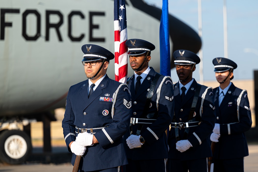 Members of the 97th Air Mobility Wing, Blue Knights Honor Guard, stand in formation before the Boom Operator Memorial Ceremony at Altus Air Force Base, Oklahoma, Sept. 1, 2026. The memorial is held annually at Altus AFB, the premiere training installation for KC-135 and KC-46 Pegasus aircrew. (U.S. Air Force photo by Senior Airman Jonah Bliss)