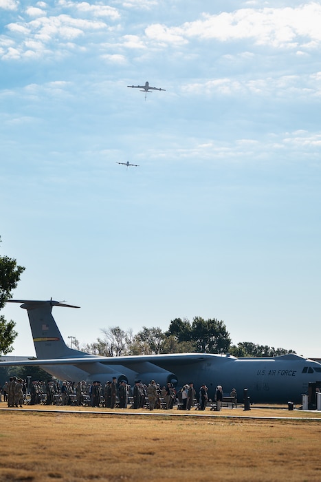 U.S. Air Force KC-135 Stratotanker aircraft perform a flyover during the Boom Operator Memorial Ceremony at Altus Air Force Base, Oklahoma, Sept. 1, 2026. The memorial is held annually at Altus AFB, the premiere training installation for KC-135 and KC-46 Pegasus aircrew. (U.S. Air Force photo by Senior Airman Jonah Bliss)