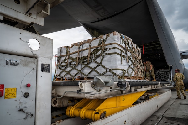 Palletized life-saving equipment is offloaded from a U.S. Air Force C-130J Super Hercules at Tribhuvan International Airport, Nepal, Sept. 2, 2026.