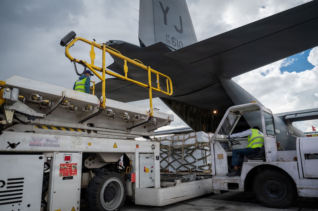 Life-saving supplies are offloaded from a U.S. Air Force C-130J Super Hercules, assigned to the 36th Airlift Squadron, Yokota Air Base, Japan, at Tribhuvan International Airport, Nepal, Sept. 2, 2026.