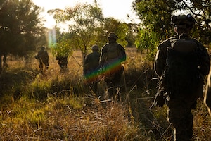Five people in camouflage military uniforms and helmets walk through a grassy field as sunlight streams down from above.