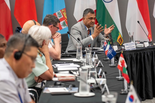 Sampath Thuyacontha, Secretary to the Ministry of Defence of Sri Lanka, addresses fellow military leaders during a panel discussion at the 28th annual Indo-Pacific Chiefs of Defense (CHODs) conference, co-hosted by US PACOM in Victoria, Canada, Sept. 1, 2026.