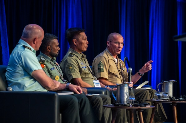 Sgt. Maj. Eric Cook , Command Senior Enlisted Leader of U.S. Pacific Command, spoke alongside co-host Robert McCann, Canadian Armed Forces Chief Warrant Officer, Command Sergeant Major Nasrulla Waseem,  Sergeant Major of the Maldives National Defence Force and First Chief Master Sergeant Feliciano Lazo, Armed Forces of the Philippines Sergeant Major, during the SEL Report at the Indo-Pacific Chiefs of Defense Conference in Victoria, Canada, Sept. 2, 2026.