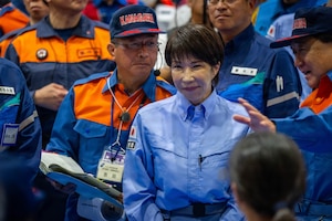 Sanae Takaichi, Prime Minister of Japan observes participants demonstrating disaster response capabilities during Big Rescue Kanagawa 2026 at Kanagawa Prefecture, Japan.