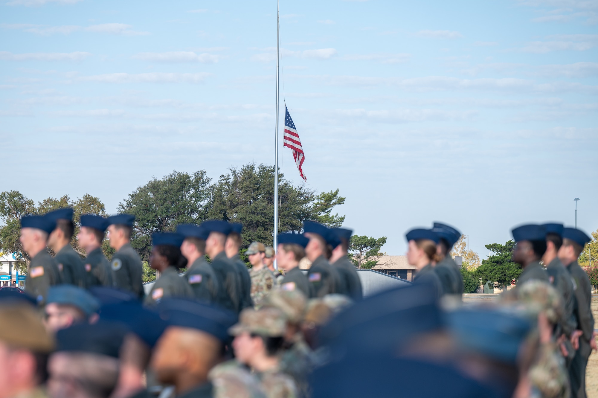 Airmen stand in formation during the Boom Operator Memorial Ceremony at Altus Air Force Base, Oklahoma, Sept. 1, 2026. The boom operator memorial coincided with the 70th anniversary of the KC-135 Stratotanker aircraft. (U.S. Air Force photo by Senior Airman Kari Degraffenreed)