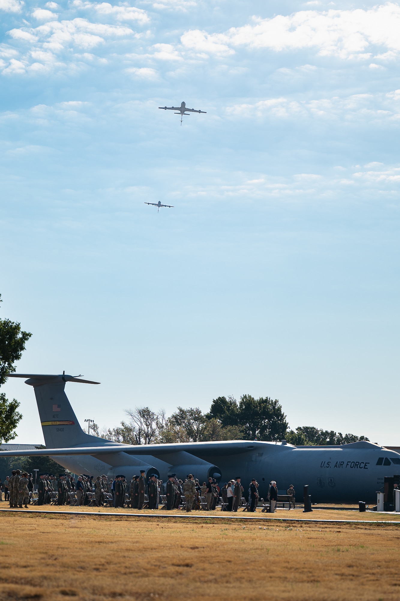 U.S. Air Force KC-135 Stratotanker aircraft perform a flyover during the Boom Operator Memorial Ceremony at Altus Air Force Base, Oklahoma, Sept. 1, 2026. The memorial is held annually at Altus AFB, the premiere training installation for KC-135 and KC-46 Pegasus aircrew. (U.S. Air Force photo by Senior Airman Jonah Bliss)