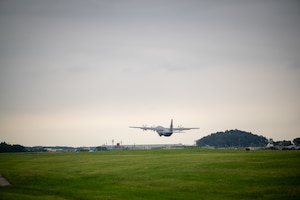 An aircraft departs the runway.