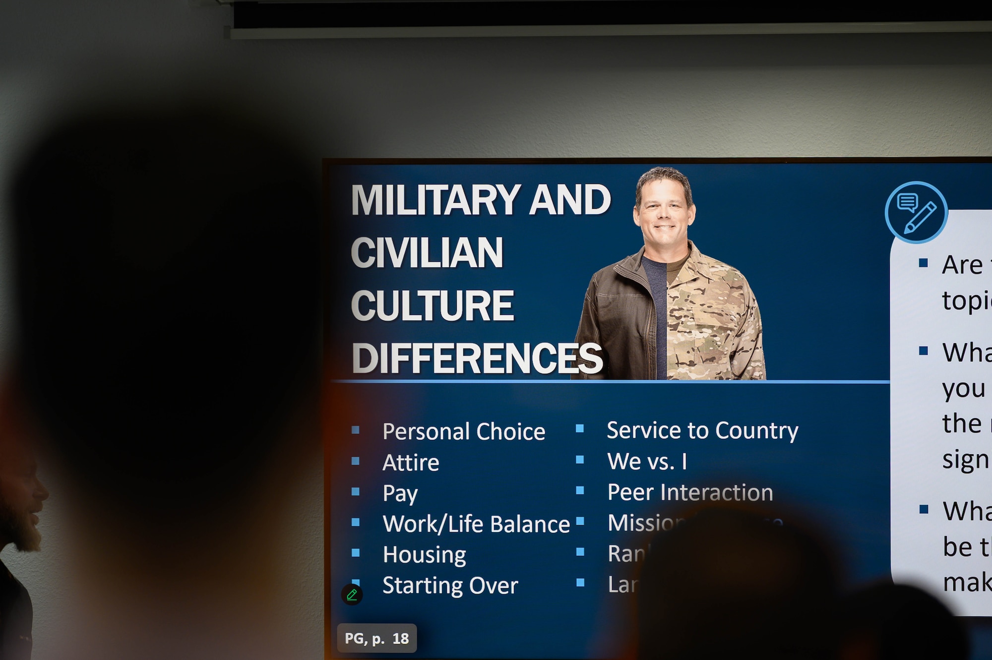 A slide displaying the differences between military and civilian culture.
