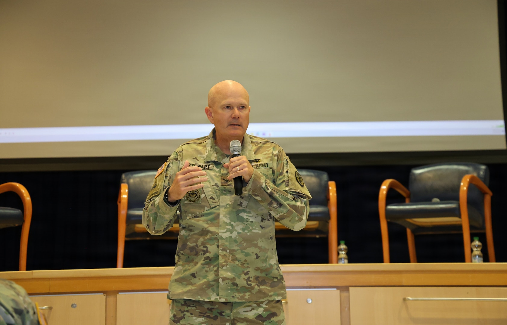 LANDSTUHL, Germany — Col. Warren Stewart, commander of Landstuhl Regional Medical Center, spoke to LRMC personnel during the annual Suicide Prevention and Awareness month luncheon Sept .1 at the Heaton Auditorium. The observance included a video featuring messages from LRMC leaders about the importance of suicide prevention and awareness, followed by a fireside chat with behavioral health professionals.