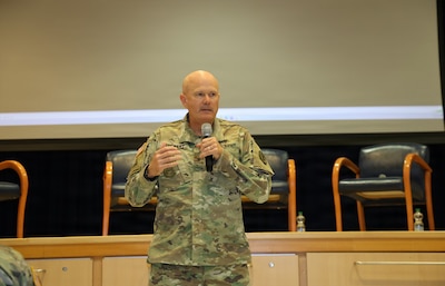 LANDSTUHL, Germany — Col. Warren Stewart, commander of Landstuhl Regional Medical Center, spoke to LRMC personnel during the annual Suicide Prevention and Awareness month luncheon Sept .1 at the Heaton Auditorium. The observance included a video featuring messages from LRMC leaders about the importance of suicide prevention and awareness, followed by a fireside chat with behavioral health professionals.