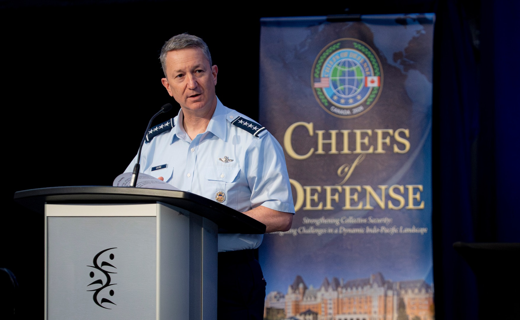 Chairman of the Joint Chiefs of Staff Gen. Dan Caine provides opening remarks during the PACOM Chiefs of Defense Conference 2026 in Victoria, Canada, September 1, 2026. (DoW Photo by Benjamin Applebaum)