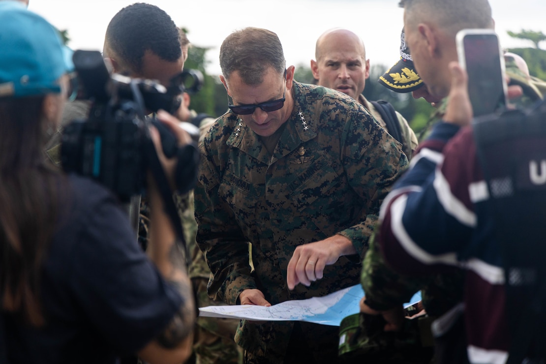 U.S. Marine Corps Gen. Francis L. Donovan, center, commander, U.S. Southern Command, looks at a map during an operational site survey in Tumaco, Colombia, Aug. 27, 2026. U.S. military forces are deployed to the U.S. Southern Command area of responsibility in support of Joint Task Force Western Hemisphere, Department of War-directed operations, and the President's priorities to disrupt illicit drug trafficking, deter malign actors and protect the homeland through continuous presence. (U.S. Marine Corps photo)