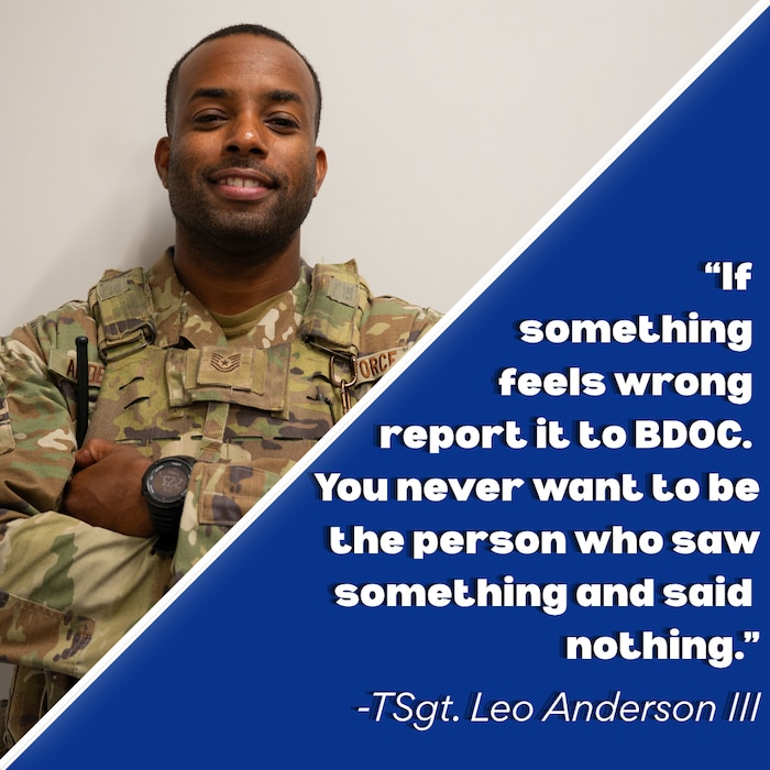A graphic of U.S. Air Force Tech. Sgt. Leo Anderson III, 39th Security Forces Squadron storage supervisor was created at Incirlik Air Base, Türkiye, Aug. 27, 2026. The graphic was designed to support a 39th Air Base Wing vigilance campaign by highlighting real-world experiences, reinforcing security awareness and encouraging the base populace to immediately report suspicious activity to the Base Defense Operations Control Center to strengthen total force readiness. (U.S. Air Force graphic by Staff Sgt. Victoria Nuzzi)