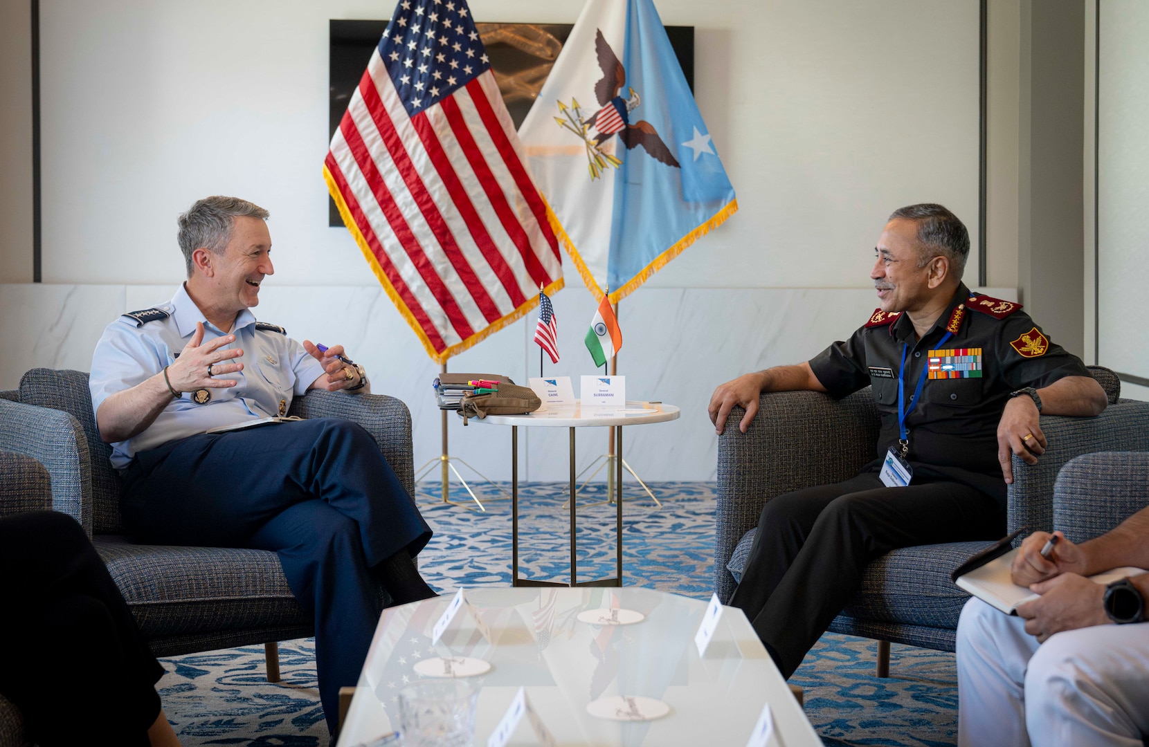 Chairman of the Joint Chiefs of Staff Gen. Dan Caine meets with India Chief of Defence Staff Gen. N.S. Raja Subramani during the PACOM Chiefs of Defense Conference 2026 in Victoria, Canada, August 31, 2026. (DoW Photo by Benjamin Applebaum)