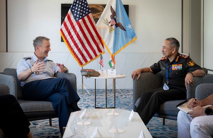 Chairman of the Joint Chiefs of Staff Gen. Dan Caine meets with India Chief of Defence Staff Gen. N.S. Raja Subramani during the PACOM Chiefs of Defense Conference 2026 in Victoria, Canada, August 31, 2026. (DoW Photo by Benjamin Applebaum)