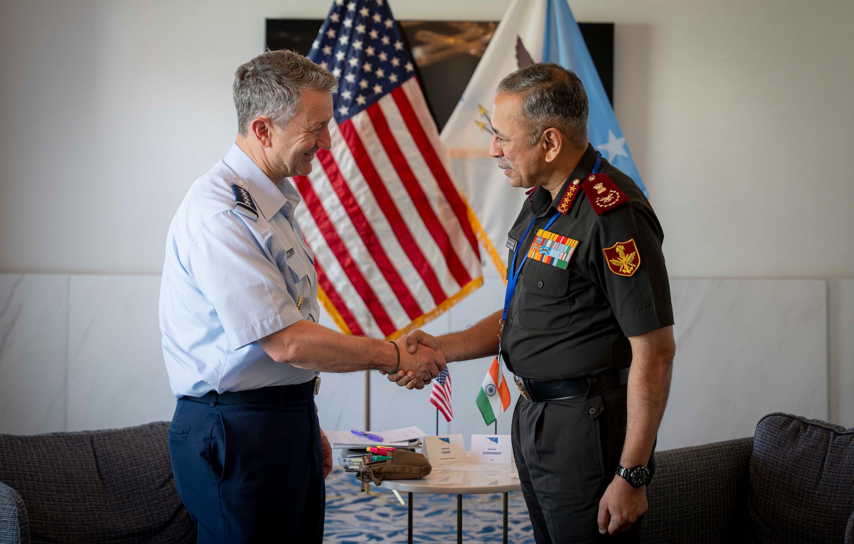 Chairman of the Joint Chiefs of Staff Gen. Dan Caine meets with India Chief of Defence Staff Gen. N.S. Raja Subramani during the PACOM Chiefs of Defense Conference 2026 in Victoria, Canada, August 31, 2026. (DoW Photo by Benjamin Applebaum)