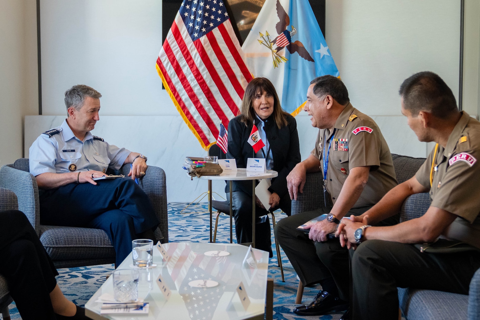 Chairman of the Joint Chief of Staff, Gen. Dan Caine, speaks with the Chief of the Joint Command of the Armed Forces of Peru General de Ejército César Augusto Briceño Valdivia during a bilateral meeting at the Indo-Pacific Chiefs of Defense conference in Victoria, Canada, Aug. 31, 2026. (DoW photo by Mass Communication Specialist 1st Class Naomi Johnson)