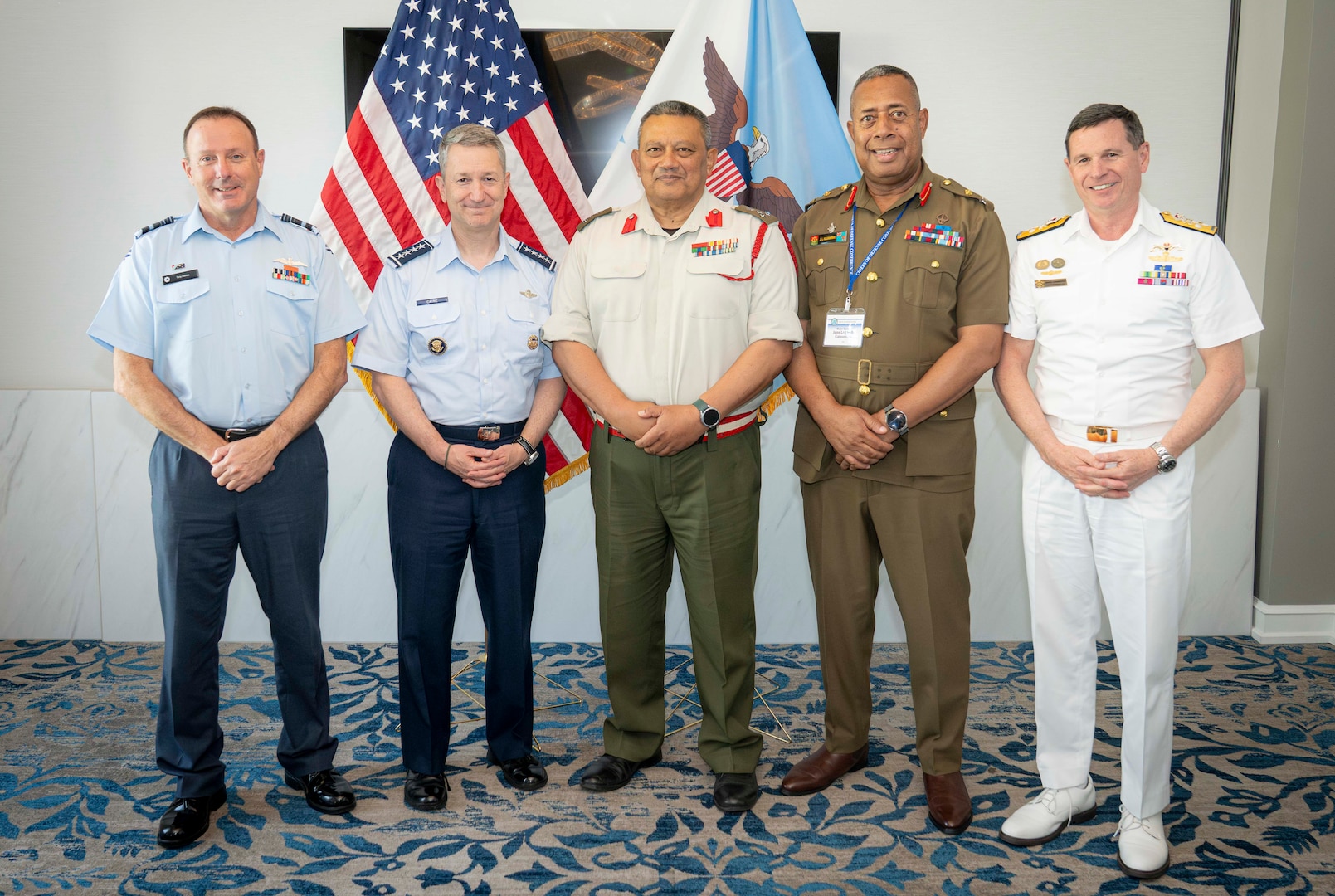 Chairman of the Joint Chiefs of Staff Gen. Dan Caine meets with Australian Chief of Defence Force Adm. Mark Hammond, New Zealand Chief of Defence Force Air Marshal Tony Davies, Commander of the Republic of Fiji Military Forces Maj. Gen. Ro Jone Kalouniwai, and Tonga Chief of Defence Staff, His Majesty’s Armed Forces Brig. Lord Fielakepa during the PACOM Chiefs of Defense Conference 2026 in Victoria, Canada, August 31, 2026.